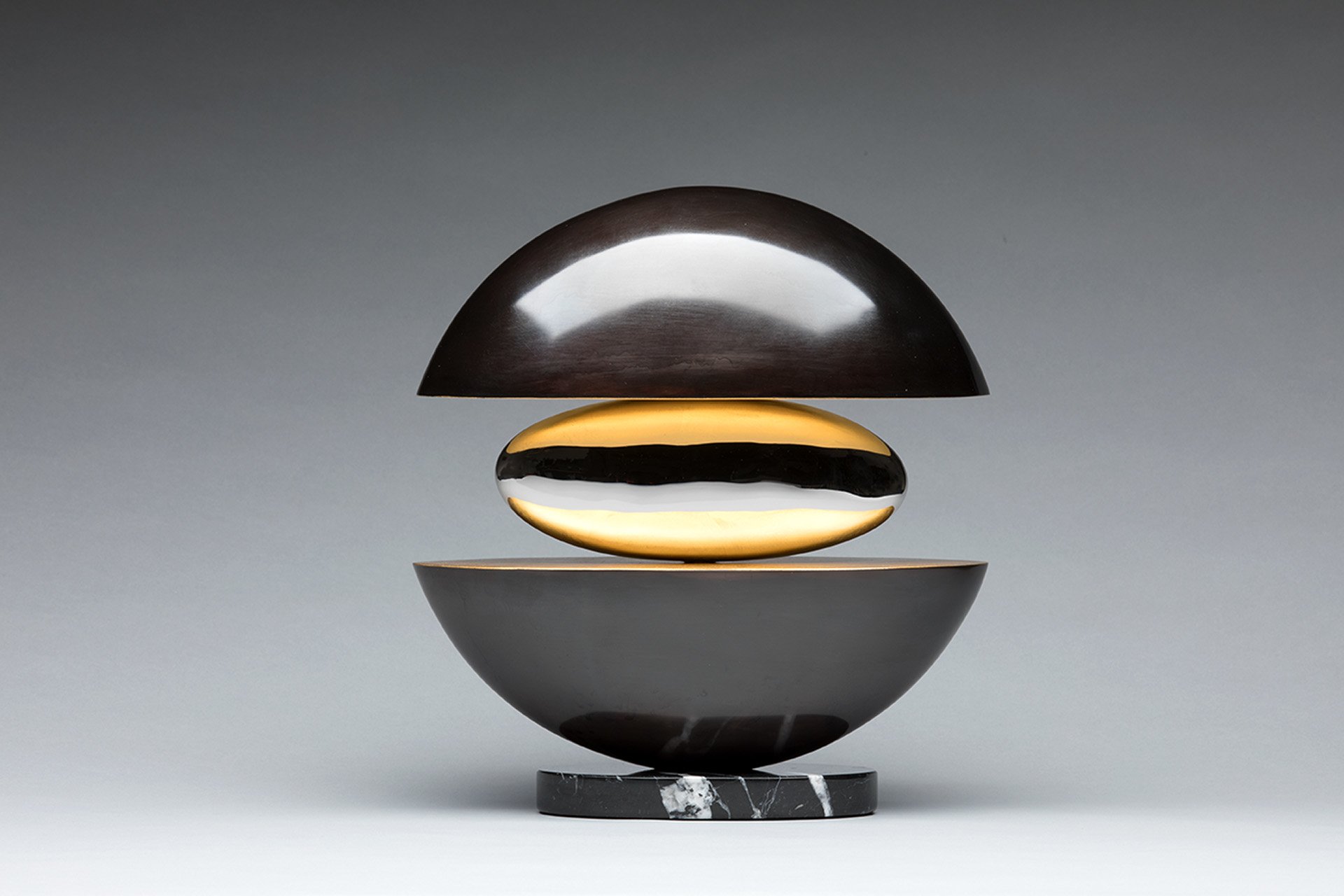 Ted Schaal: 'Rise I', 2018 Bronze Sculpture, Abstract. Elegant round abstract sculpture that combines Bronze, mirror polished stainless steel and 24 karat Gold leaf. ...