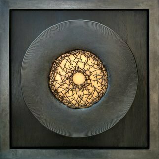 Ted Schaal: 'accretion', 2020 Mixed Media Sculpture, Abstract. This piece is steel, copper, wood and gold leaf.  The disk is suspended 3 4above the wood which is stained black.  The gold in the center is on the wood and the hammered copper wires are suspended.  the frame is 1 1 2steel angle. ...