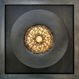 Ted Schaal: 'accretion', 2020 Mixed Media Sculpture, Abstract. Artist Description: This piece is steel, copper, wood and gold leaf.  The disk is suspended 3 4above the wood which is stained black.  The gold in the center is on the wood and the hammered copper wires are suspended.  the frame is 1 1 2steel angle. ...