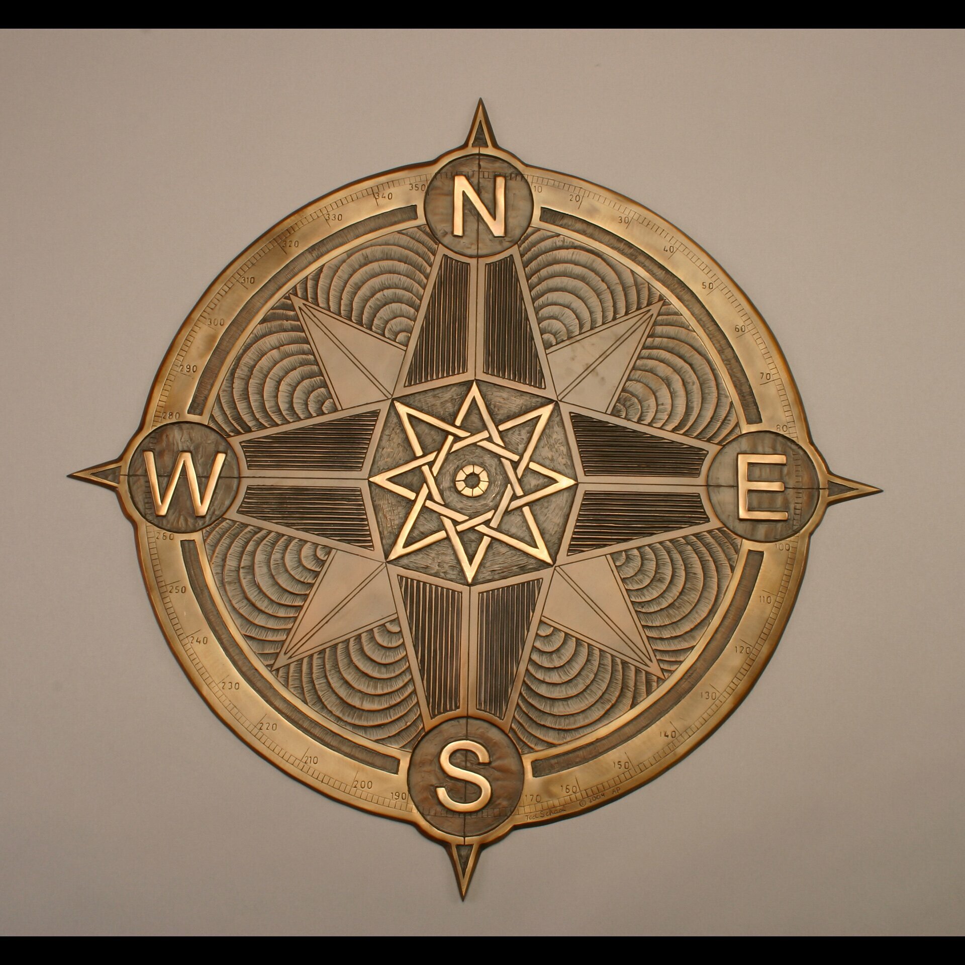 Ted Schaal: 'compass rose with solstice markers', 2004 Bronze Sculpture, Astronomy.  Compass rose with Four solstice markers.  Includes hardware for setting in concrete or mounting to stone.  elevations and installation options provided upon request.  Only 16 left in the edition.  Please allow 4 months for delivery. ...