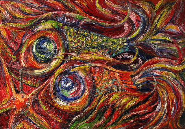 Temo Dumbadze  'Two Fish', created in 2013, Original Painting Oil.