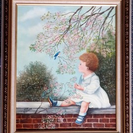 Teri Paquette: 'the bluebird', 2019 Oil Painting, Children. Artist Description: THIS IS AN OIL PAINTING FEATURES LITTLE GIRL ENJOYING THE BUEBIRD ABOVE HER- I PAINTED THIS BECAUSE OF THE BEAUTIFUL SETTING WHICH TELLS A STORY, I WANT MY ART TO PROJECT FEELINGS WHEN FIRDT OBSERVED- IT IS PAINTED ON STRETCHED CANVAS- IN A HIGH QUALITY CUSTOM MADE FRAME, ...