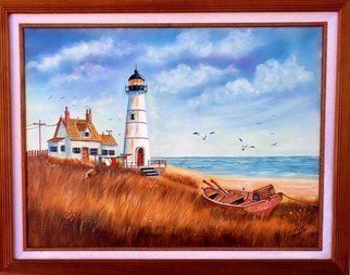 Teri Paquette: 'the lighthouse', 2018 Oil Painting, Seascape. ORIGINAL OIL- FEATURES A LIGHTHOUSE- OCEAN- BOAT- SEAGULLS- WIDE FRAMED- SIGNED...