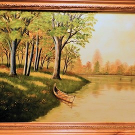 Teri Paquette: 'the lone canoe', 2018 Oil Painting, Landscape. Artist Description: THIS IS AN ORIGINAL OIL- WIDE FRAMED- SIGNED- FEATURES A SCENE FROM A VACATION- THE CANOE LOOKED LONELY ALL BY ITSELF...