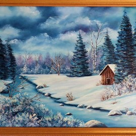 Teri Paquette: 'winter blues', 2017 Oil Painting, Landscape. Artist Description: ORIGINAL OIL PAINTING OF A CABIN- WINTER SCENE- RIVER- TREES- SIGNED...