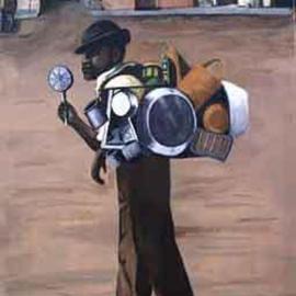 Terri Cabral: 'The Tin Seller', 2004 Acrylic Painting, Culture. Artist Description: The Tin Seller, with his pack on his back, was a familiar site on the streets of old Cuba. ...