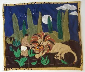 Terri Higgins: 'Androcles and the Lion', 1998 Fiber, Inspirational. Androcles and the Lion, Aesop' s Fable, Androcles removing thorn from lion' s paw. Fabric, beads, quilted, thorn....