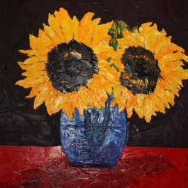 Terri Higgins: 'The Patience of Sunflowers', 2010 Oil Painting, Still Life. Artist Description:  Sunflowers in blue vase ...