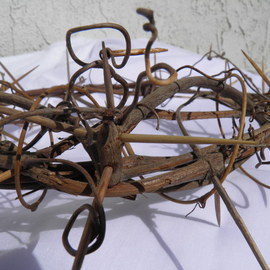 Robert Haifley: 'Our Crown', 2013 Wood Sculpture, Religious. Artist Description:  life- Size Crown of Thorns constructed and sculpted with aged grape vine and toothpicks. This piece is 12- inches across and approximately 2- 3 inches wide. I have made 14 of these crowns and No 2- of them are the same. Each Crown takes approximately 125- hours to ...