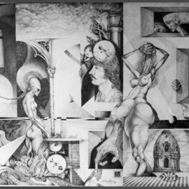 Otto Rapp: 'Vindobona Altarpiece I', 1993 Pencil Drawing, Surrealism. Artist Description:  Overall size with mat and frame. Image size is 30 x 22 inches. The firsat in a series entitled Vindobona Altarpiece. Nr. 2 is in a private collection in Austria. Nr. 3 is in the Artists Collection. ...