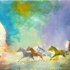 Thierry Merget: 'CHEVAL LIBERTE  1de 5', 2016 Acrylic Painting, nature. Artist Description: horses, cheval, libertA(c), pont, arbres, bateauboatchild ...