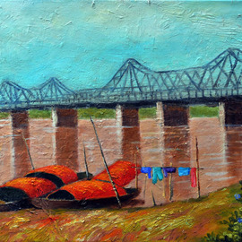 Nguyen Huu Thuan: 'the long bien bridge', 2016 Oil Painting, Landscape. Artist Description: Long Bien bridge was made by French governor Paul Dume in 1898 - 1902.  It is crossing Red river from South to North of Hanoi city...