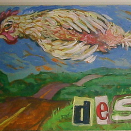 E. Tilly Strauss: 'Desire, hen floating across the road', 2008 Acrylic Painting, Humor. Artist Description:  A panel of wood painted with collage letters. . .Lively colors understate a languid mood of one really lazy diva. ...