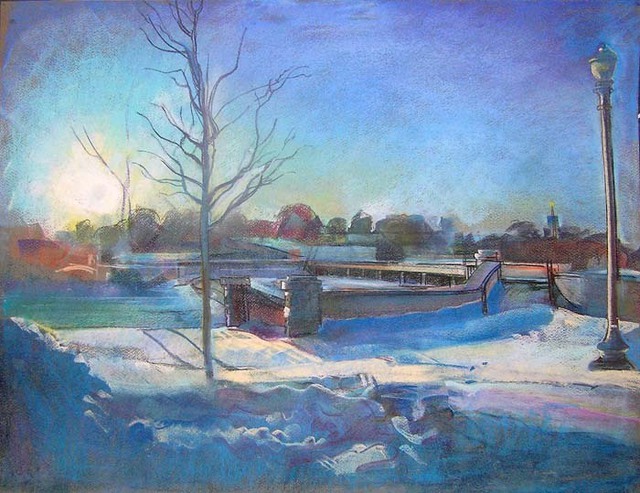 Artist Timothy King. 'Elgin Fox River Low Dam Winter' Artwork Image, Created in 2008, Original Pastel Oil. #art #artist