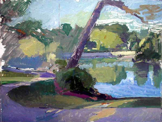 Artist Timothy King. 'Leaning Tree By The Pond' Artwork Image, Created in 2003, Original Pastel Oil. #art #artist