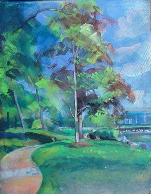 Timothy King  'Lords Park Path By Large Pond', created in 2008, Original Pastel Oil.