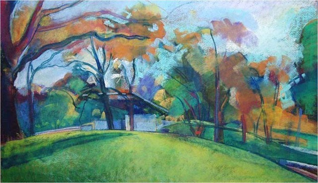 Artist Timothy King. 'Wing Park Band Shell In Autumn' Artwork Image, Created in 2008, Original Pastel Oil. #art #artist