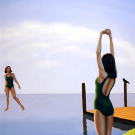 Tim Murphy: 'Ready', 2014 Oil Painting, Flight. Artist Description:  flying, woman, shore, ocean, sea, flight, float, fantasy, enlightenment, tim, murphy, Boston, dock, bird, calm, peaceful ...