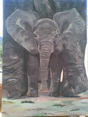 Tina Noya: 'Look at me now', 2011 Acrylic Painting, Wildlife.  Baby elephant being very brave, standing between his mothers legs.  ...