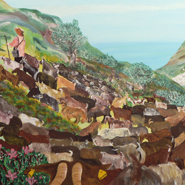 Tina Noya: 'Pepe the goatherder', 2011 Acrylic Painting, Animals. Artist Description:  This is our goatherder roaming the mountains with his goats and sheep.   ...