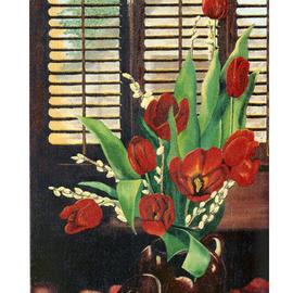 Robert Tittle: 'TULIPS by the window              ', 1999 Oil Painting, Floral. Artist Description:  TULIPS by the window     26. 5 x 16. 5         Oil on burlap While working on this painting, and thinking I was about done, my mother- in- law ( Jean Marsh) who is an artist also, and has won many awards, ask why I didn' t open the blinds ...
