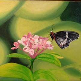 Robert Tittle: 'butterfly', 2004 Oil Painting, Botanical. Artist Description: Butterfly, Flowers,   Glass    ...