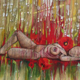 Tiziana Fejzullaj: 'Lying with Poppies', 2014 Acrylic Painting, nudes. Artist Description:  Triptych artwork in AcrylicOil ...