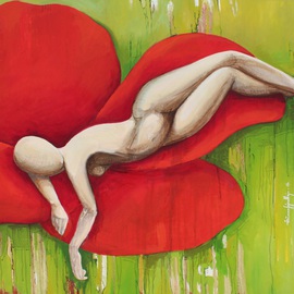 Tiziana Fejzullaj Artwork Sleeping with Poppy, 2015 Oil Painting, Nudes