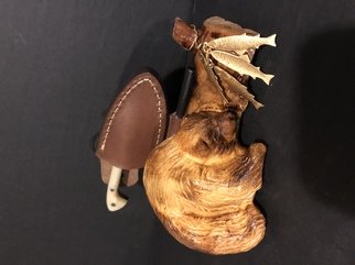 Tony Maez: 'happy bear', 2019 Wood Sculpture, Animals. This little bear is made from a piece of pine burl and brass fish with a very nicely made skinning knife to accent the piece. ...