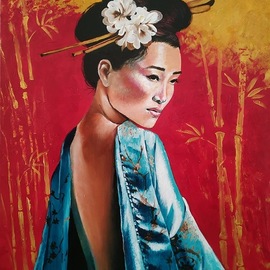 Krisztina T.molnár: 'Harmony', 2020 Acrylic Painting, Figurative. Artist Description: AsiaaEURtms brilliant past appears on a traditional girl wearing a turquoise dress.  Turquoise encompasses the spirit, facing the human body, serenity and harmony, emotionality and intuition.  Red and gold, helps bring light and joy back to life, warms the house, and casts out evil spirits. ...