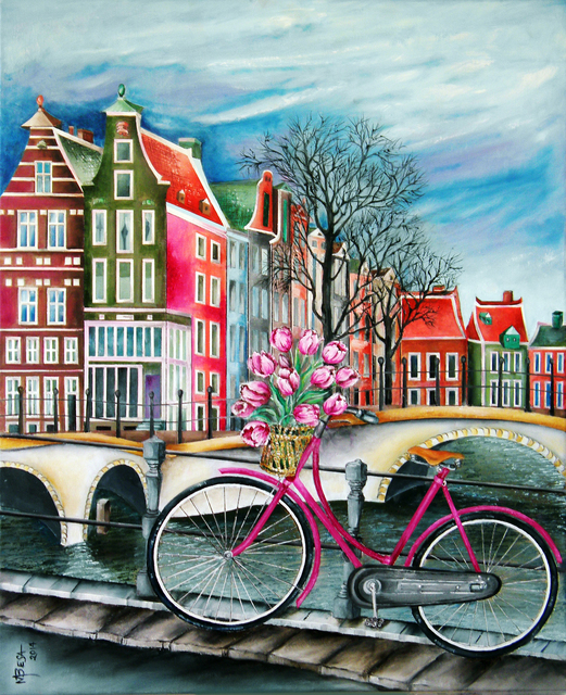 Artist Miriam Besa. 'Bike Stop In Amsterdam' Artwork Image, Created in 2014, Original Collage. #art #artist
