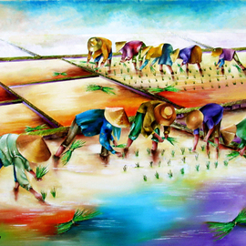 Miriam Besa: 'planting rice', 2016 Oil Painting, Culture. Artist Description: This painting captures the traditional farm life on a hot sunny day. No dark colors are used to produce a feeling of tranquility and peace. I used yellows, oranges and purples to reflect the true Filipino soul of endurance and hard work. The treatment of the clouds merging ...