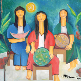 Miriam Besa: 'three women vendors', 2004 Oil Painting, Culture. Artist Description: The tropical colors of the island burst with these three women vendors selling watermelon, manzanita and dried fish.  On each side are giant aEUR~chicosaEURtm a tropical fruit.  This is a typical vendor scene in the Philippines, executed with a unique modern style.  Beautiful women with elongated necks, in ...