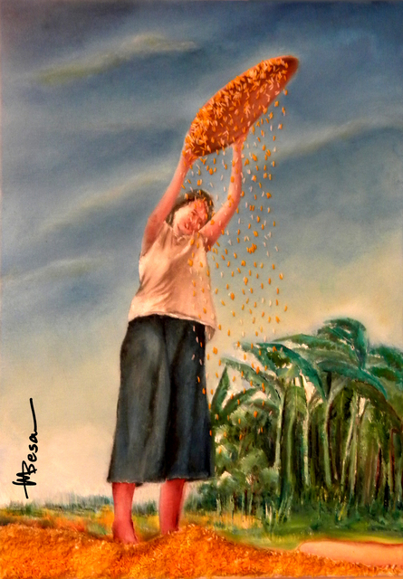 Artist Miriam Besa. 'Woman Shifting Rice' Artwork Image, Created in 2019, Original Collage. #art #artist