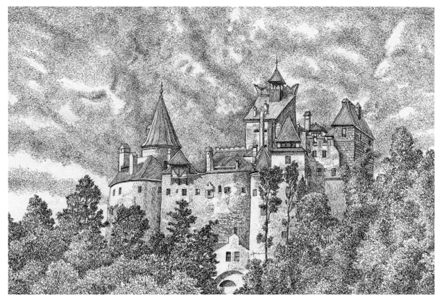 Joseph Mcfarlane  'Bran Castle', created in 2012, Original Drawing Pen.