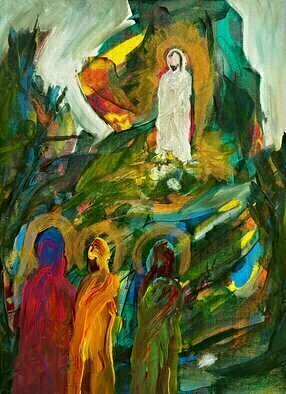Paulo Medina: 'do not be afraid', 2023 Acrylic Painting, Religious. So the women hurried away from the tomb, afraid yet filled with joy, and ran to tell his disciples.  Suddenly Jesus met them.  aEURoeGreetings, aEUR he said.  They came to him, clasped his feet and worshiped him.  Then Jesus said to them, aEURoeDo not be afraid.  Go and tell my brothers ...