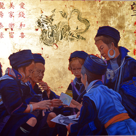 Thu Nguyen: 'the meet market', 2019 Oil Painting, Culture. Artist Description: This is an original oil painting.  Titled The Meet MarketMaterial oil and 24 kt gold on panelDimension 24 x 30 inchesA scene of Sapa s market with gathering of Black Hmong Women.  This painting is part of my Sapa SeriesThis body of work inspired by ...