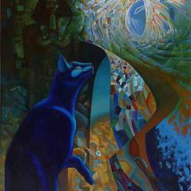 Oleg Lipchenko: 'Blue Cat', 2005 Oil Painting, Surrealism. Artist Description:  A man' s dream depends on his soul' s desire to have a pleasent one. This painting, like some others, is a guide through a dream. The blue cat represents one' s soul, where at first it is in darkness with a pharaoh, who symbolises a nightmare, he ...