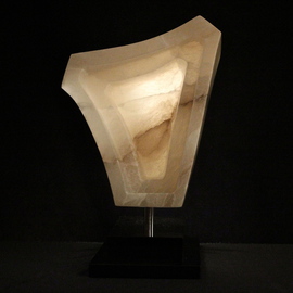 Terry Mollo: 'Shades of Light', 2012 Stone Sculpture, Abstract. Artist Description:    Levels of translucent white alabaster carved front and back toward center, leaving a center stage for different shades of light to pass through all sides. Veins in the stone and smokey tones of white, grey and cream are revealed with the help of either natural or artificial lighting. ...
