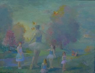 Malcolm Tuffnell: 'the ballet lesson', 2020 Oil Painting, Dance. a lovely group of girls surround a prima ballerina in a park in a major city, perhaps Chicago. .  Oil on canvas 36 x 48  2020. My major work from the horrific, yet productive, year. ...