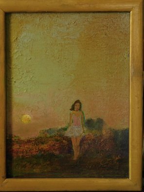 Malcolm Tuffnell: 'twilight walk', 2019 Oil Painting, Landscape. a rising moon, a girl walking- - twilight on the bluffs...