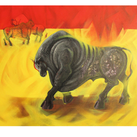 Tushar Jadhav: 'Retreat', 2016 Acrylic Painting, Animals. Artist Description: bull ...