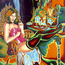 B.w. Tyler: 'THE DRESSING ROOM VISITOR', 2000 Oil Painting, Figurative. Artist Description:  OIL ON CANVAS.PART OF THE ON- GOING NEW ART NOUVEAU GROUP OF PAINTING.TEMPORARY LIGHT WOOD ANGLE FRAME FOR SHIPPING PURPOSES. . . . . . ABSOLUTE ARTS LISTINGS ADDITIONAL INFORMATION:1: Prices quoted DO NOT include SHIPPING COST:    Shipping cost will be calculated on size, weight, and Country of Destination, and ...