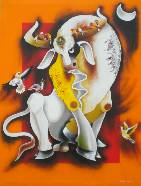 Uttam Manna  'Bull And Birds', created in 2019, Original Painting Acrylic.
