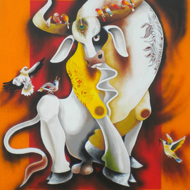 Uttam Manna: 'bull and birds', 2019 Acrylic Painting, Animals. Artist Description: bull with birds...