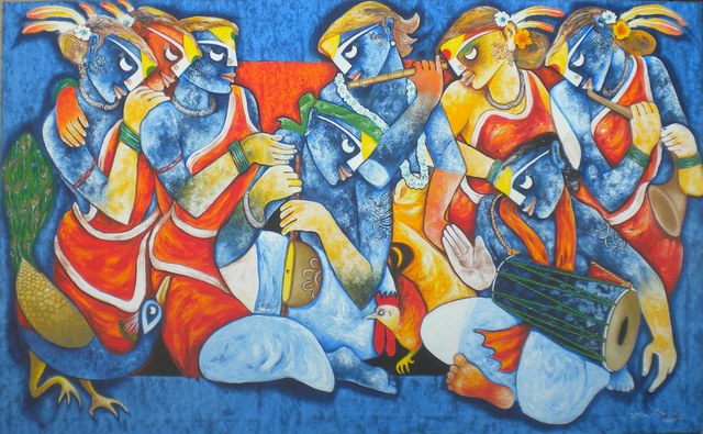 Artist Uttam Manna. 'Tribal Music Band' Artwork Image, Created in 2023, Original Painting Acrylic. #art #artist