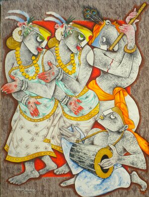 Uttam Manna: 'tune of love', 2024 Acrylic Painting, Dance. This picture is painted on tribal culture of West Bengal in India here tribal boys and girls are singing and dancing. ...