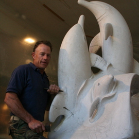 Depasquale Sculptures: 'TRINITY', 2010 Stone Sculpture, Marine. Artist Description:  In progress sculpture.  Mother, Father and Baby Dolphins, The Trinity The block weighed 9600 lbs before I started.  6 tall by 3 wide by 3 deep. . . ...