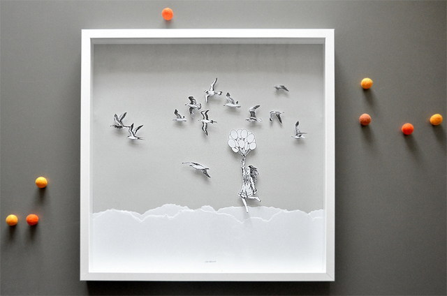 Artist Aleksandar Janicijevic. 'Girl Flying With Birds' Artwork Image, Created in 2014, Original Drawing Pen. #art #artist