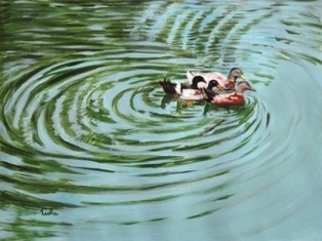 Usha Shantharam: 'Duck Journey', 2010 Acrylic Painting, Birds. Herd Series - Ducks , Indian, waterscape, usha, shantharam, lake, blue, ducks, ripples, green, ducks, journey, herd...